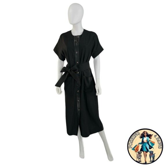 Tuckernuck NEW Black Leather Trim Kara Short Sleeve Midi Shirt Dress Size Small - Picture 4 of 10